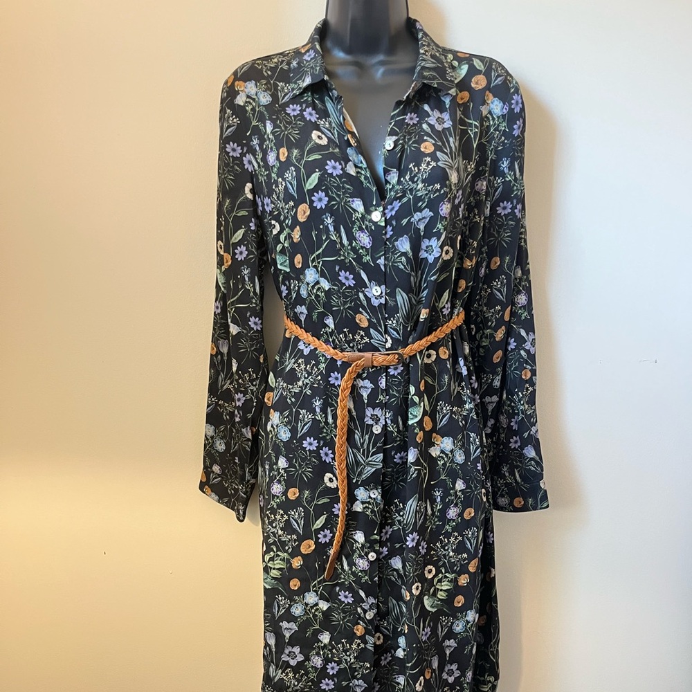 J. Jill Classic Black Floral Botanical Midi Shirt Dress NWOT